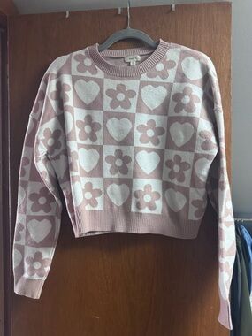 debut Pink and White Floral Heart Check Crewneck Sweater